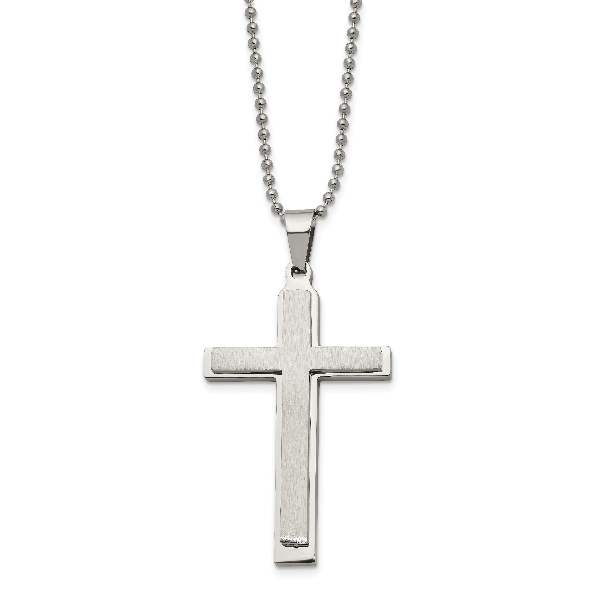 Chisel Stainless Steel Brushed and Polished Layered Cross Pendant on a 22 inch Ball Chain Necklace