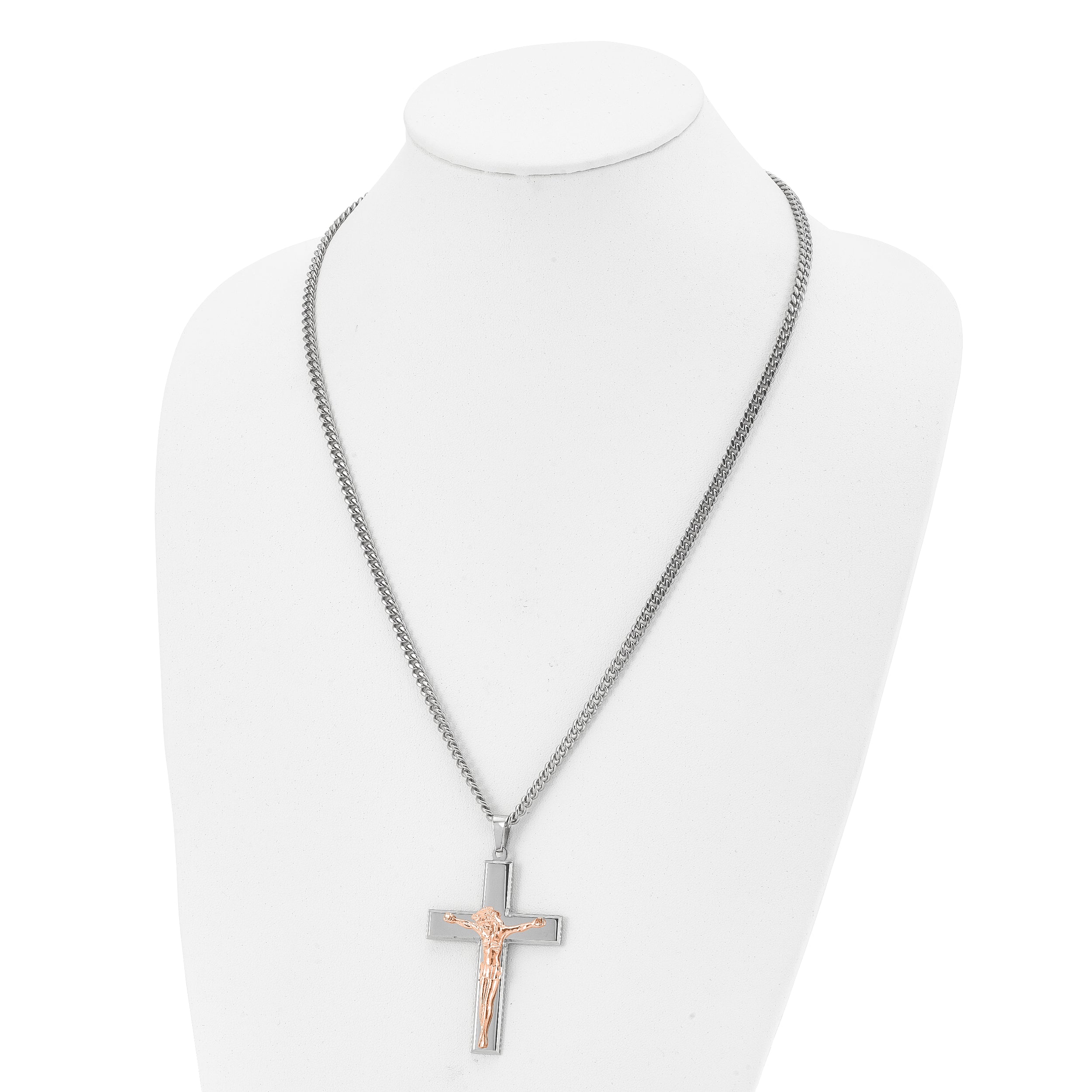 Chisel Stainless Steel Polished Rose IP-plated Crucifix Pendant on a 24 inch Curb Chain Necklace