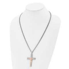 Chisel Stainless Steel Polished Rose IP-plated Crucifix Pendant on a 24 inch Curb Chain Necklace