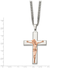 Chisel Stainless Steel Polished Rose IP-plated Crucifix Pendant on a 24 inch Curb Chain Necklace