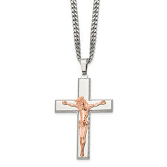 Chisel Stainless Steel Polished Rose IP-plated Crucifix Pendant on a 24 inch Curb Chain Necklace