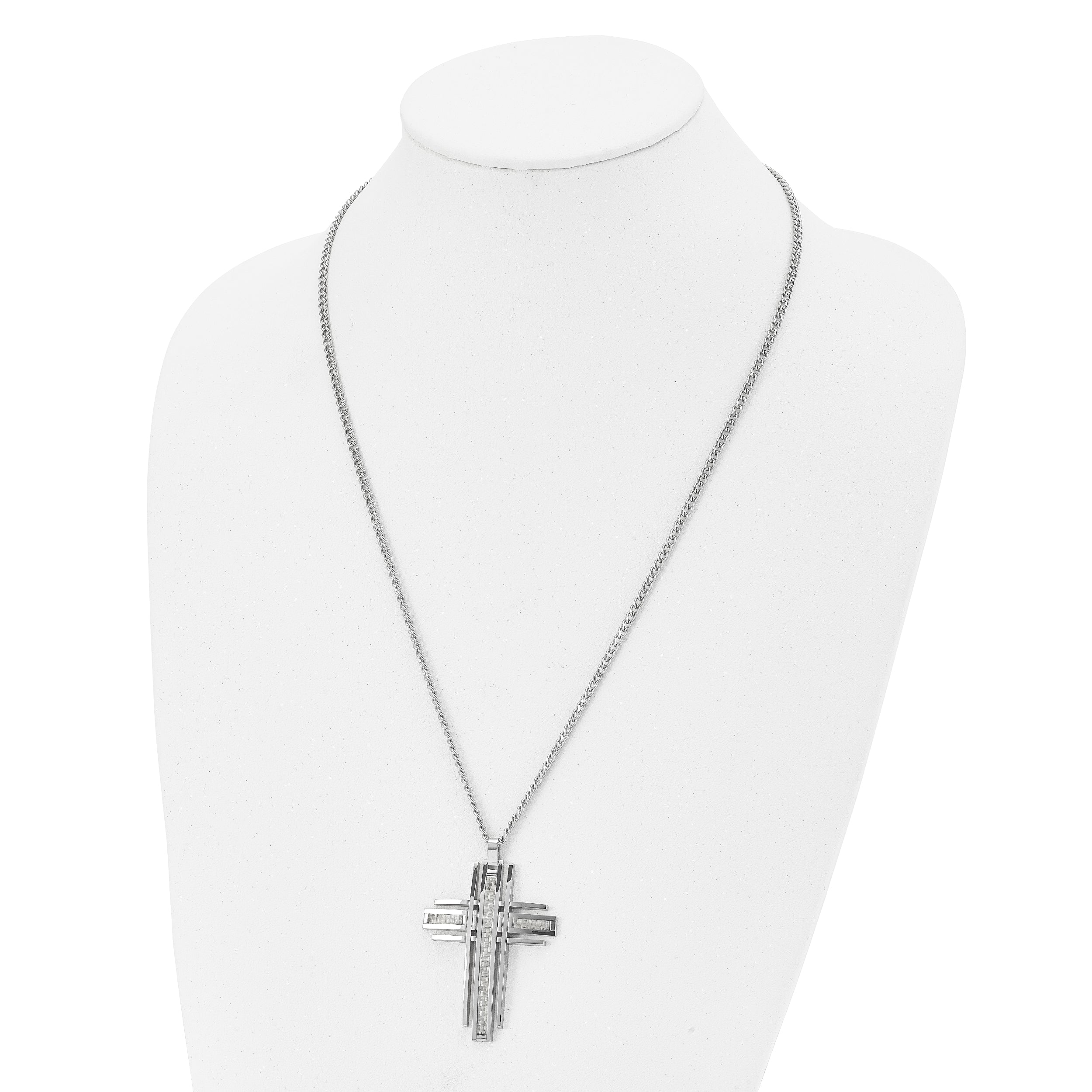 Chisel Stainless Steel Polished with Grey Carbon Fiber Inlay Cross Pendant on a 24 inch Curb Chain Necklace