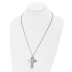 Chisel Stainless Steel Polished with Grey Carbon Fiber Inlay Cross Pendant on a 24 inch Curb Chain Necklace