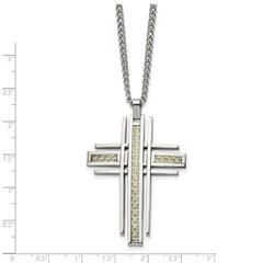 Chisel Stainless Steel Polished with Grey Carbon Fiber Inlay Cross Pendant on a 24 inch Curb Chain Necklace