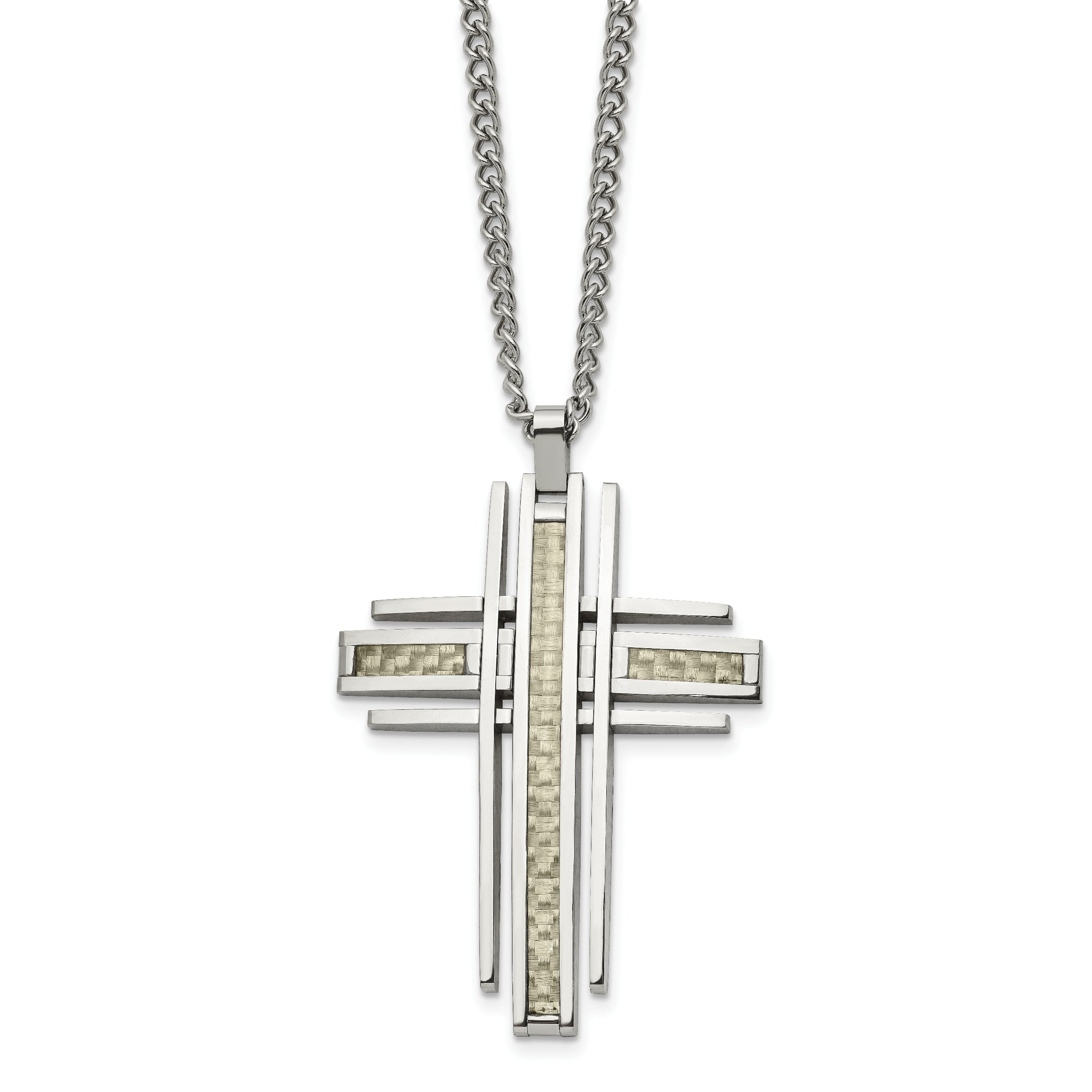 Chisel Stainless Steel Polished with Grey Carbon Fiber Inlay Cross Pendant on a 24 inch Curb Chain Necklace