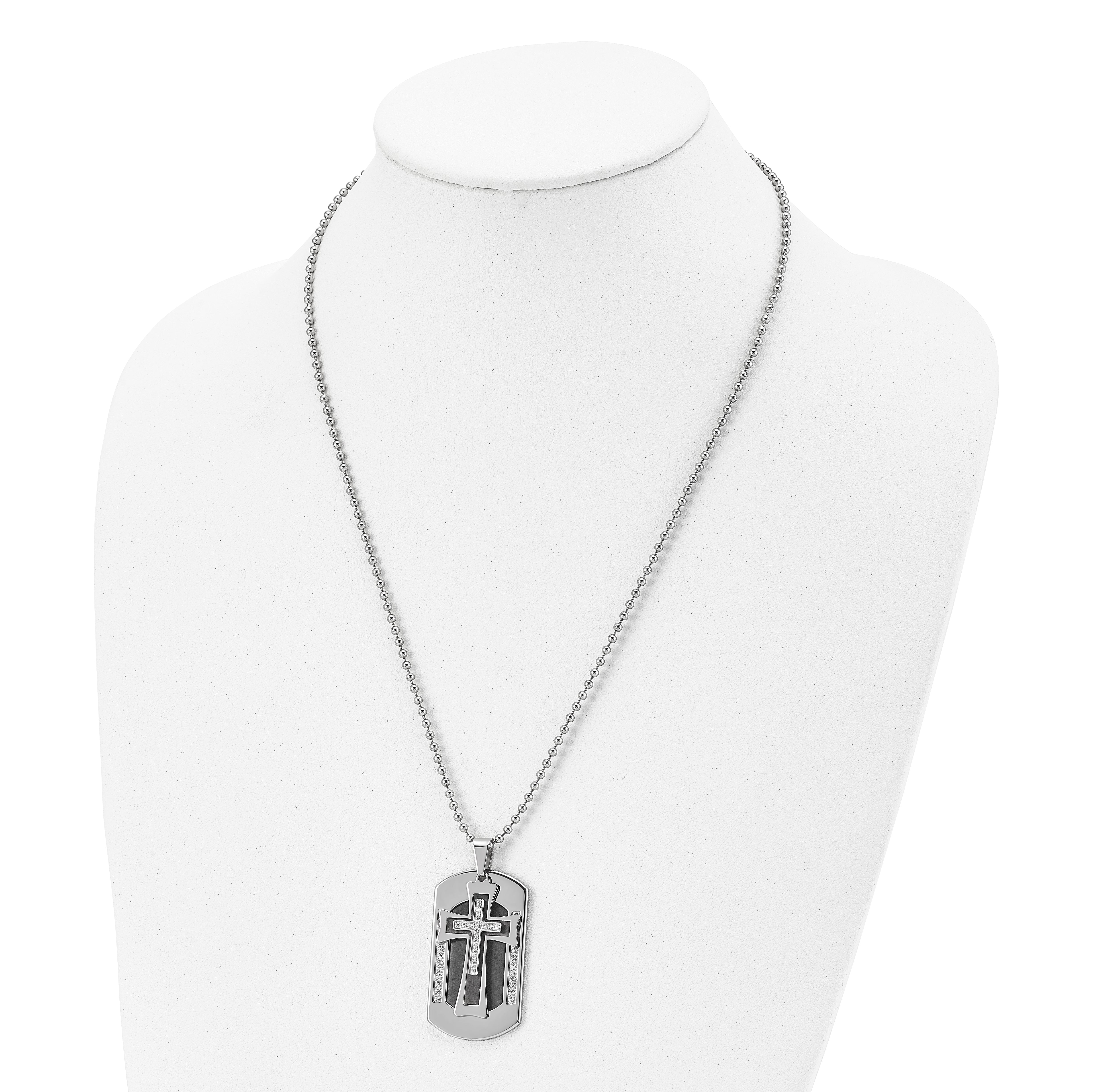 Chisel Stainless Steel Brushed and Polished Black IP-plated with CZ 2 Piece Cross Dog Tag on a 22 inch Ball Chain Necklace