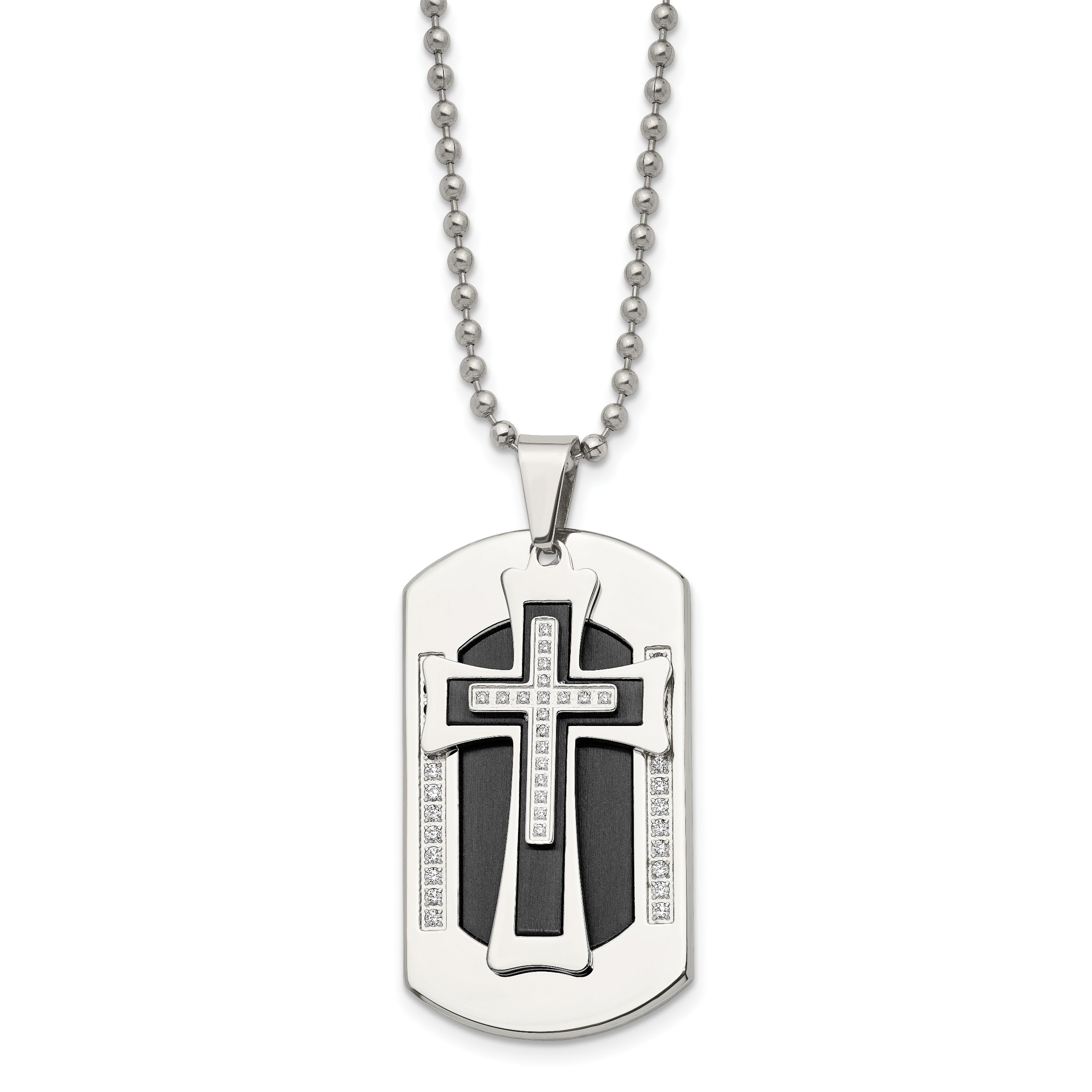 Chisel Stainless Steel Brushed and Polished Black IP-plated with CZ 2 Piece Cross Dog Tag on a 22 inch Ball Chain Necklace