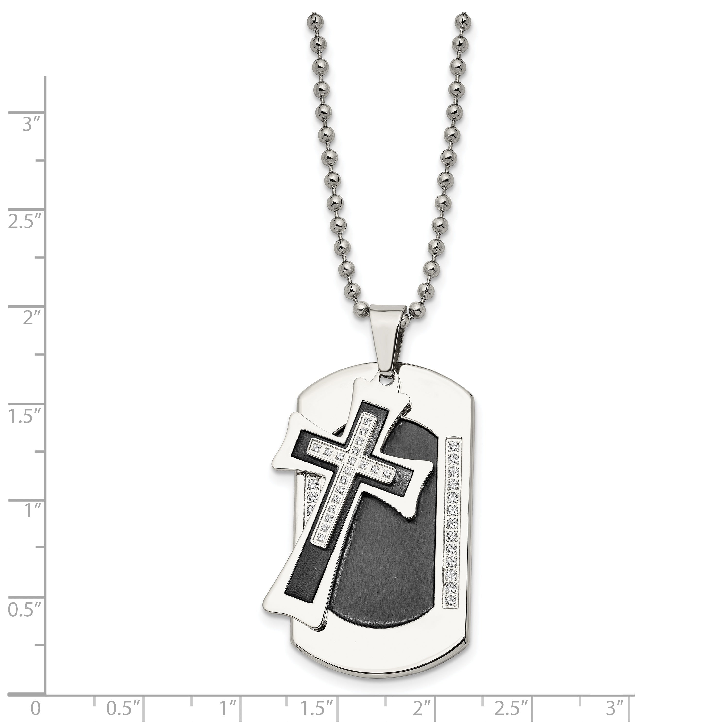 Chisel Stainless Steel Brushed and Polished Black IP-plated with CZ 2 Piece Cross Dog Tag on a 22 inch Ball Chain Necklace