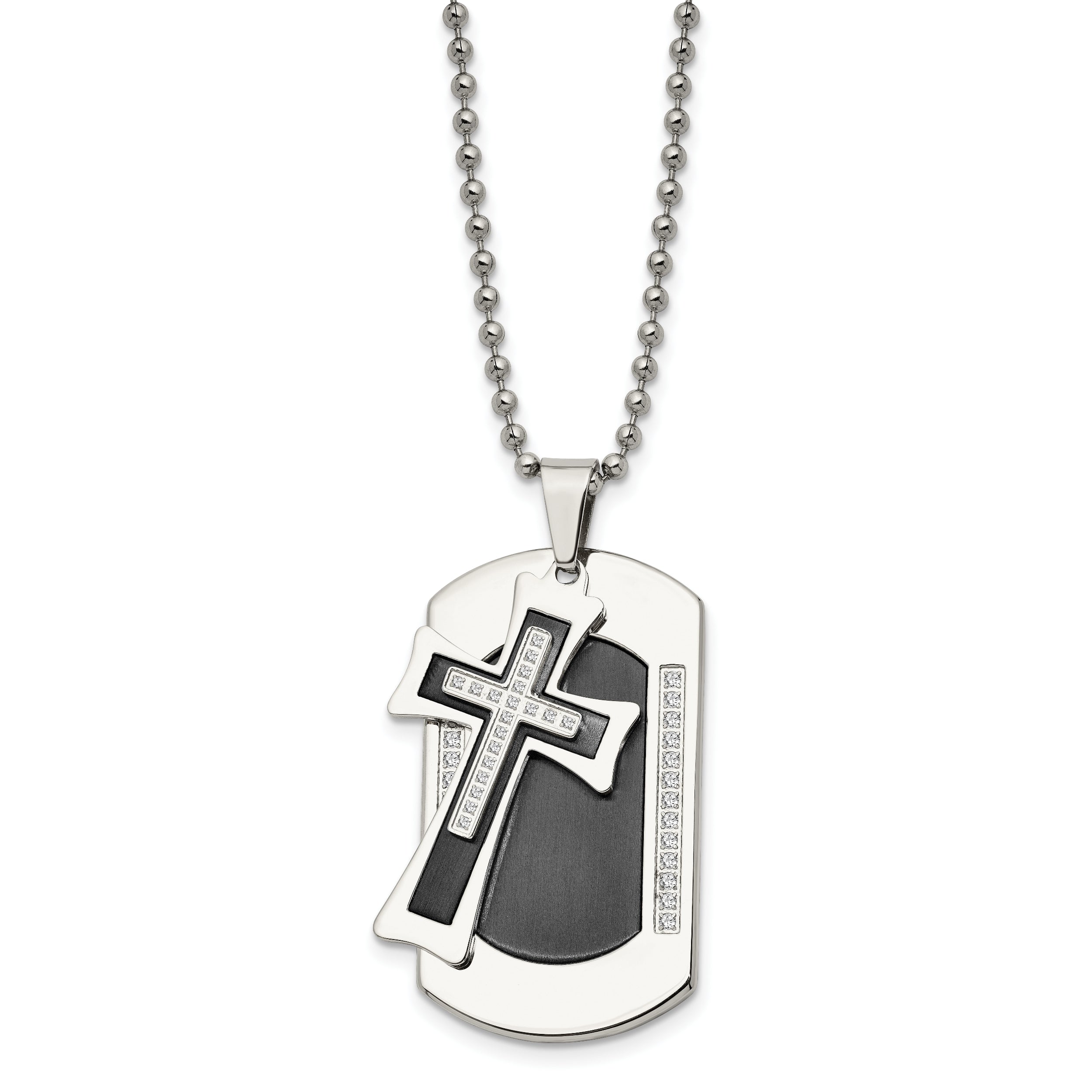 Chisel Stainless Steel Brushed and Polished Black IP-plated with CZ 2 Piece Cross Dog Tag on a 22 inch Ball Chain Necklace