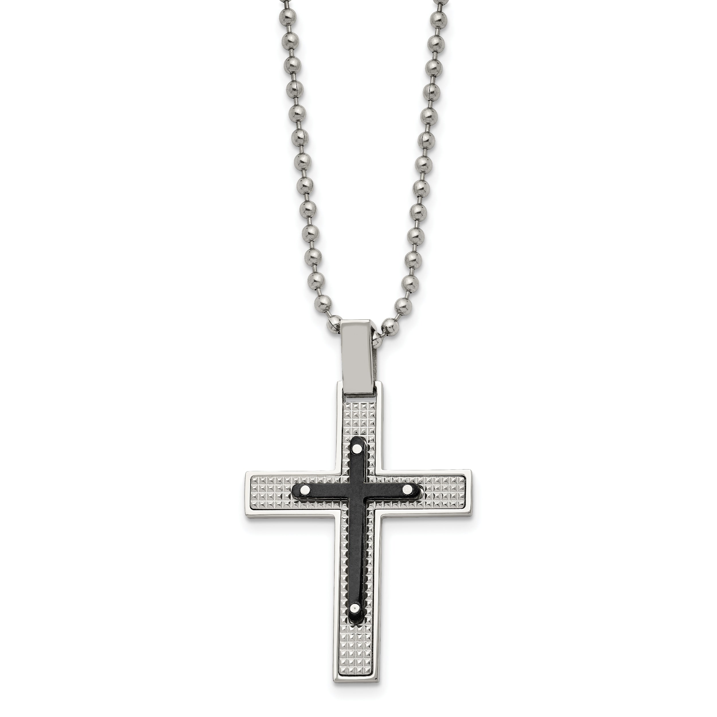 Stainless Steel Polished and Textured Black IP-plated Cross 22in Necklace