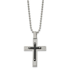 Stainless Steel Polished and Textured Black IP-plated Cross 22in Necklace