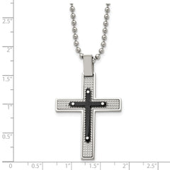 Stainless Steel Polished and Textured Black IP-plated Cross 22in Necklace