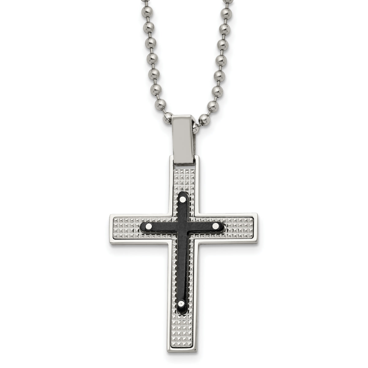 Stainless Steel Polished and Textured Black IP-plated Cross 22in Necklace