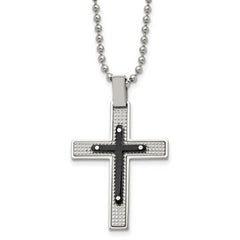 Stainless Steel Polished and Textured Black IP-plated Cross 22in Necklace