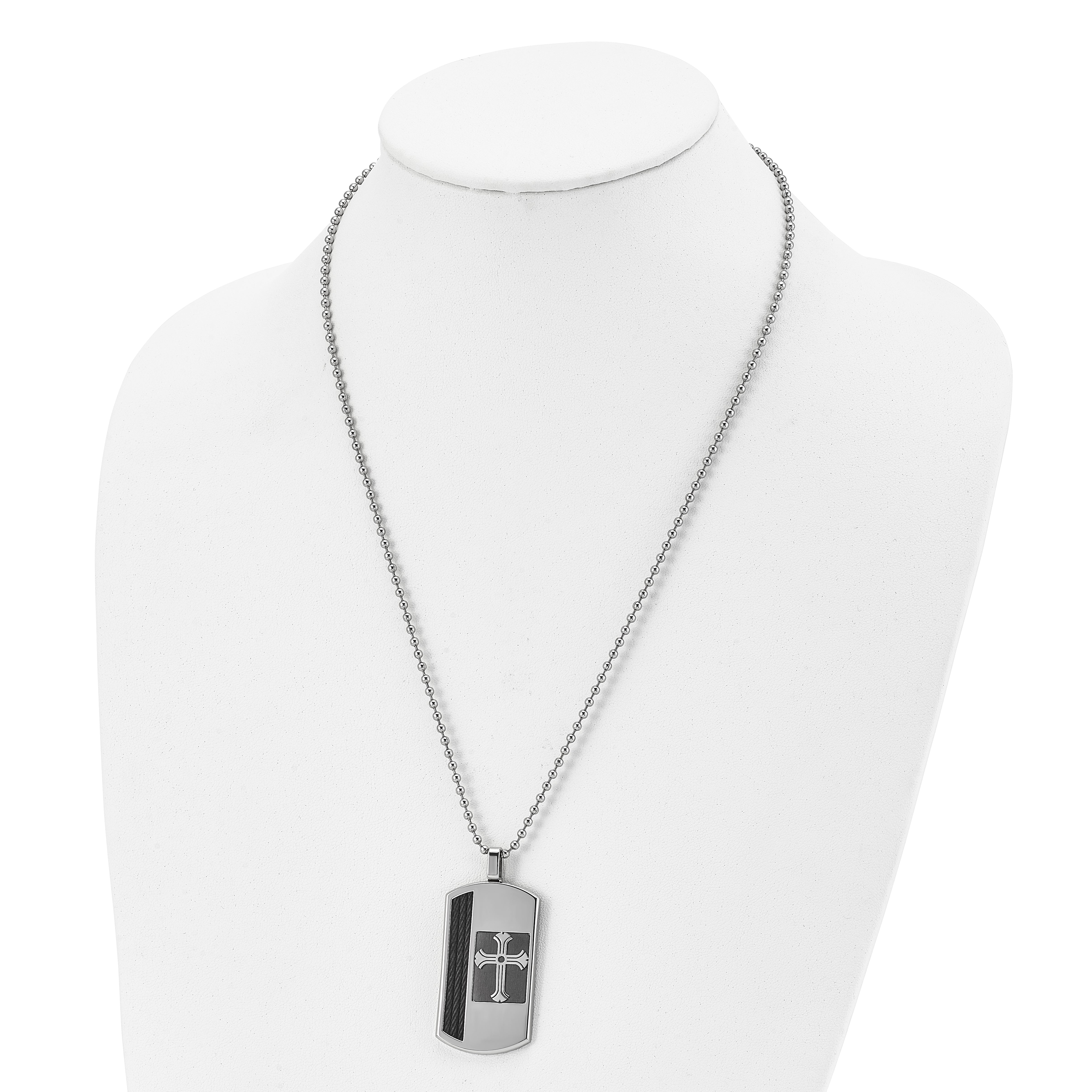 Chisel Stainless Steel Brushed and Polished Black IP-plated Cable Inlay Cross Dog Tag on a 22 inch Ball Chain Necklace