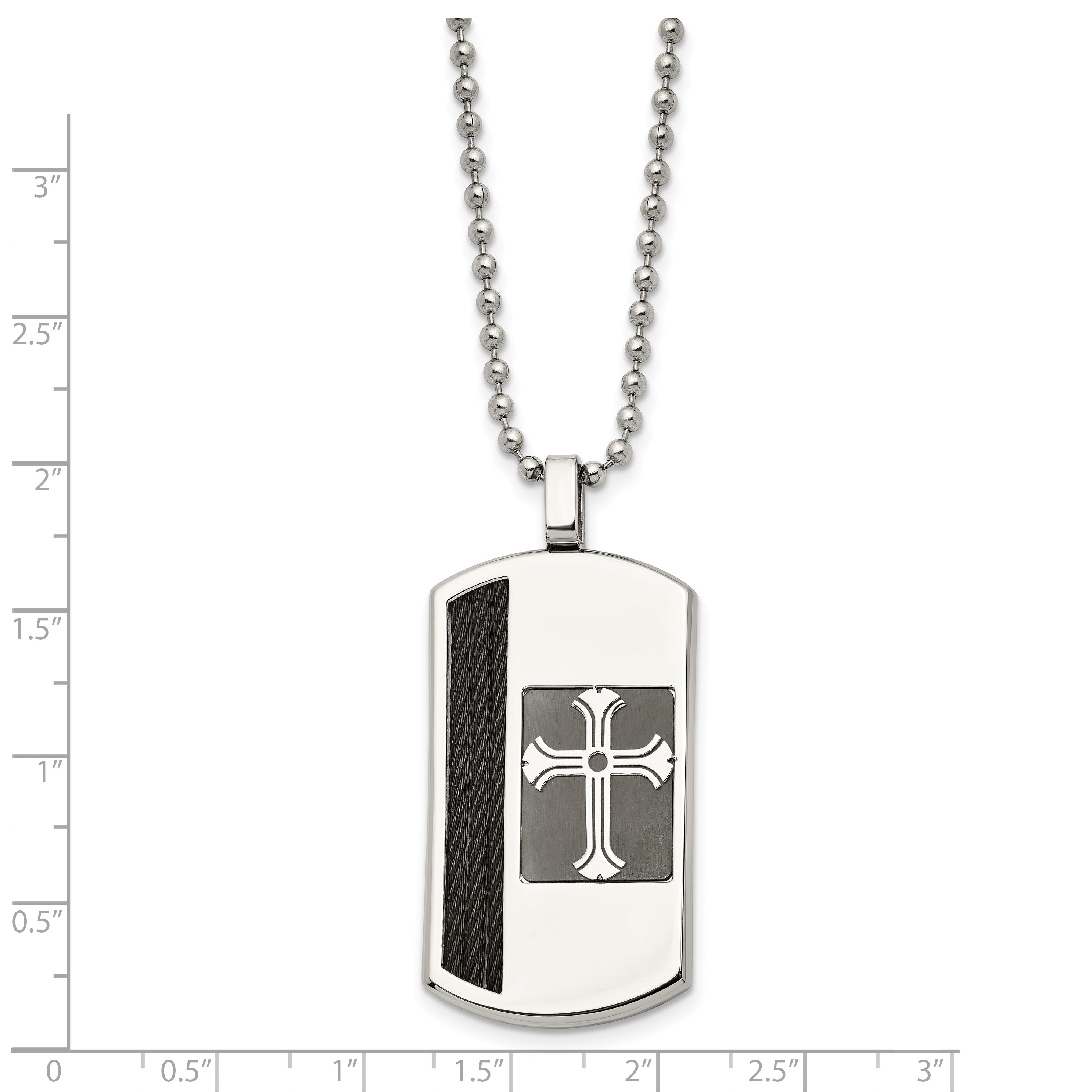 Chisel Stainless Steel Brushed and Polished Black IP-plated Cable Inlay Cross Dog Tag on a 22 inch Ball Chain Necklace