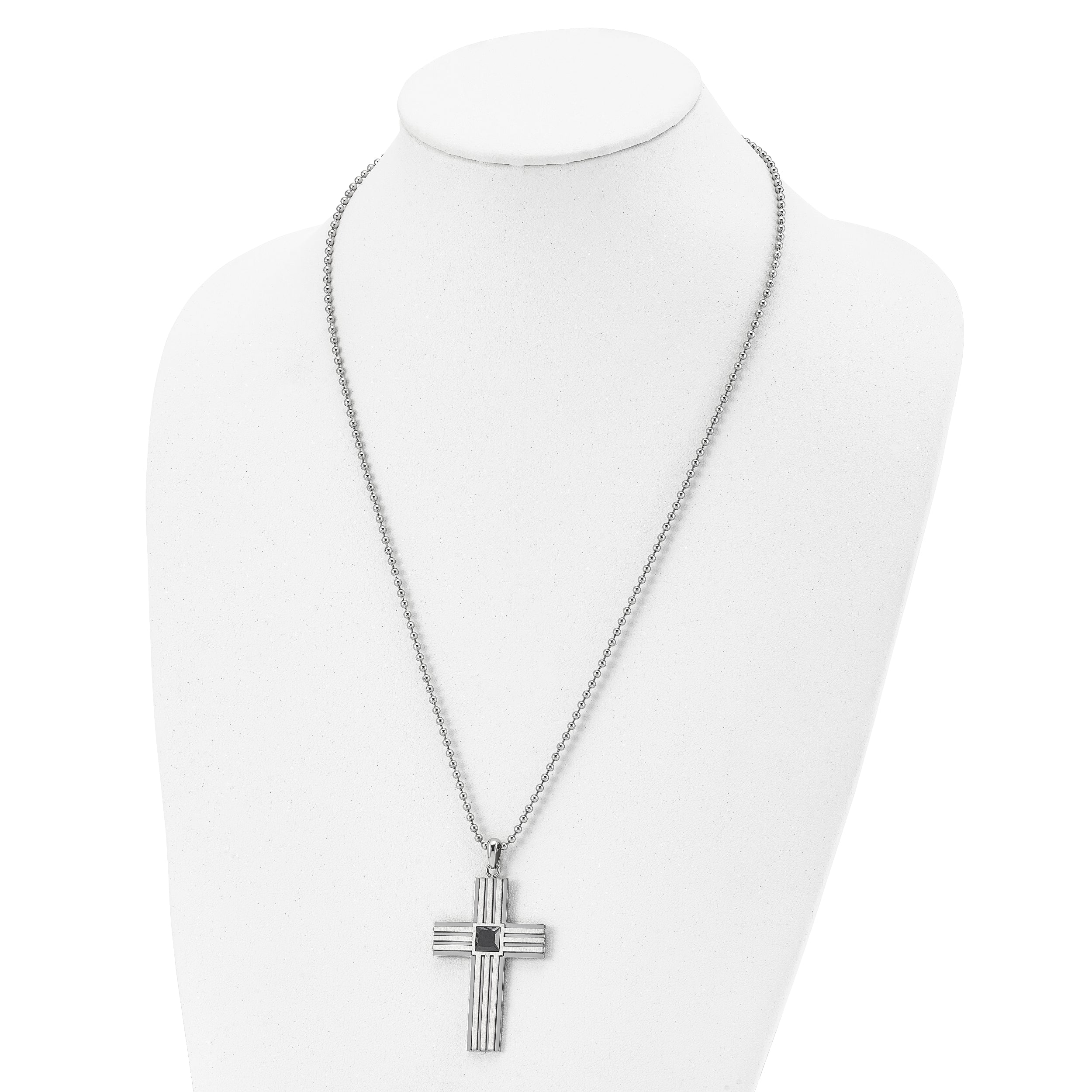 Chisel Stainless Steel Brushed and Polished with Square Black CZ Cross Pendant on a 24 inch Ball Chain Necklace