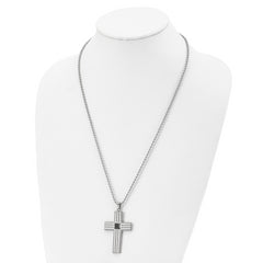 Chisel Stainless Steel Brushed and Polished with Square Black CZ Cross Pendant on a 24 inch Ball Chain Necklace