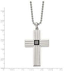 Chisel Stainless Steel Brushed and Polished with Square Black CZ Cross Pendant on a 24 inch Ball Chain Necklace