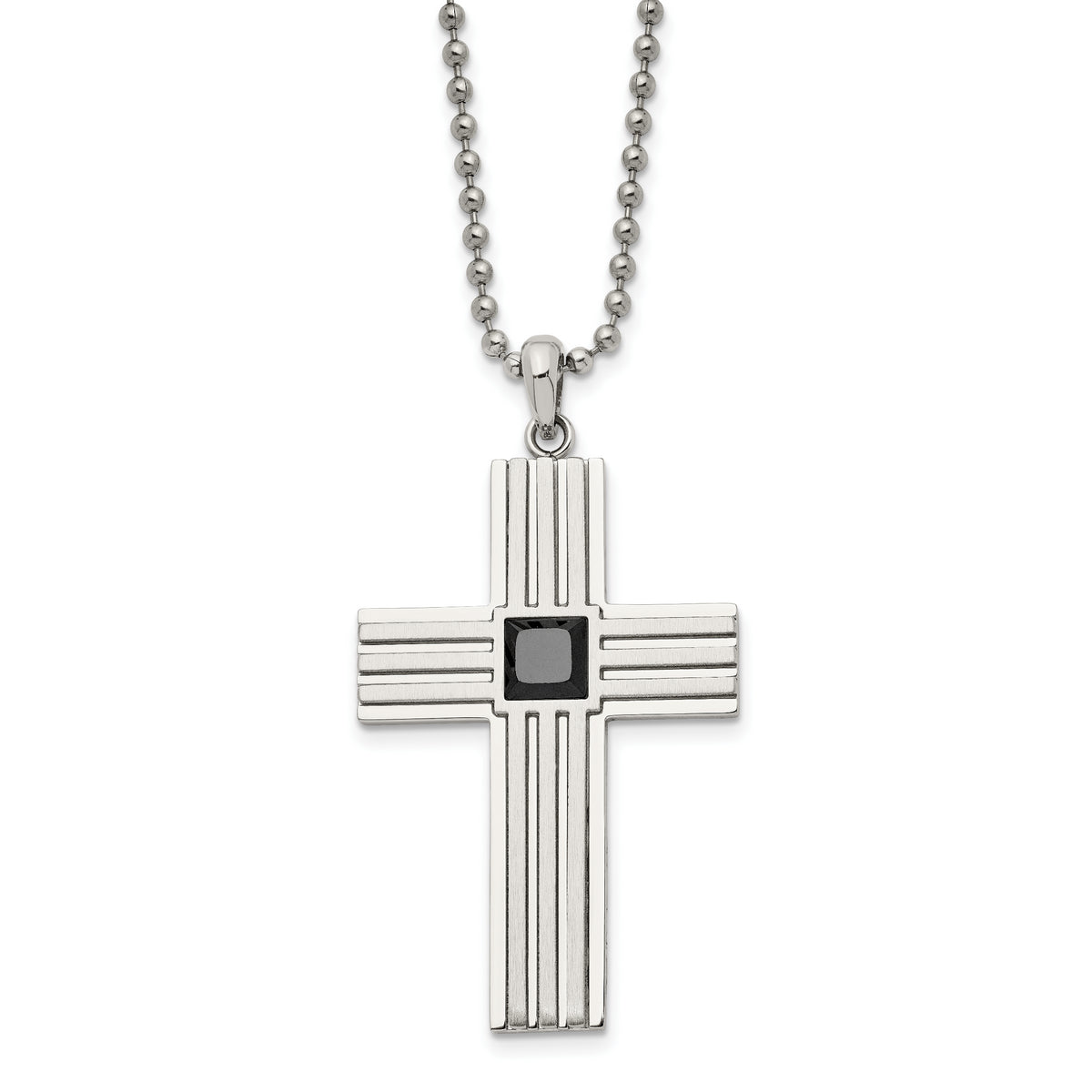 Chisel Stainless Steel Brushed and Polished with Square Black CZ Cross Pendant on a 24 inch Ball Chain Necklace