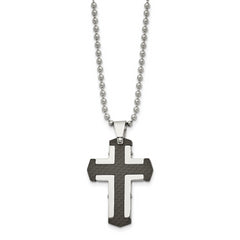 Stainless Steel Polished Solid Black Carbon Fiber Cross 22in Necklace