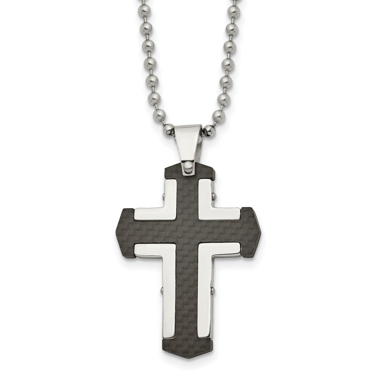 Stainless Steel Polished Solid Black Carbon Fiber Cross 22in Necklace