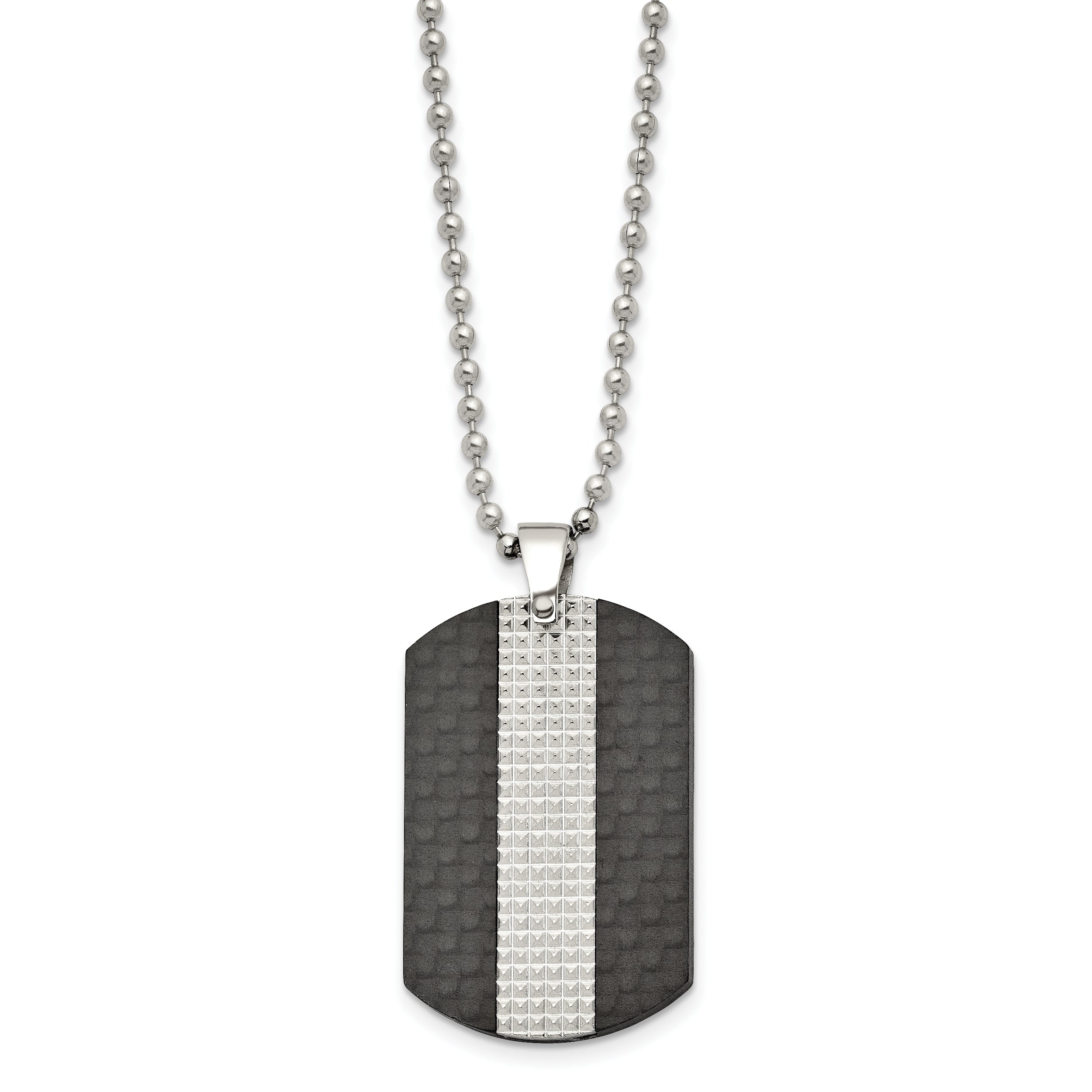 Stainless Steel 22in Polished Black Solid Carbon Fiber & Textured Dog Tag