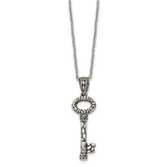 Stainless Steel Antiqued Polished and Textured Key 22in Necklace