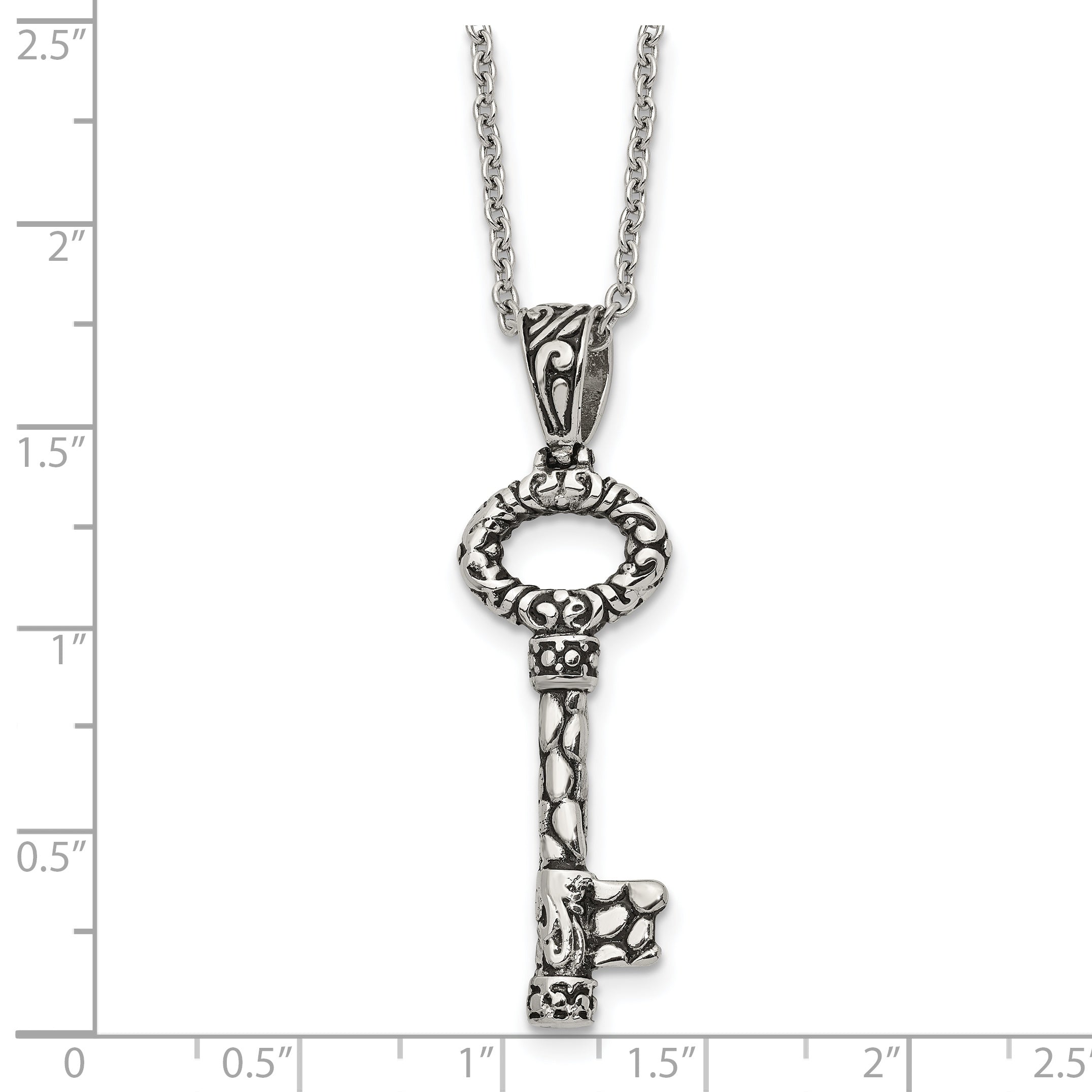 Stainless Steel Antiqued Polished and Textured Key 22in Necklace