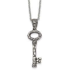 Stainless Steel Antiqued Polished and Textured Key 22in Necklace