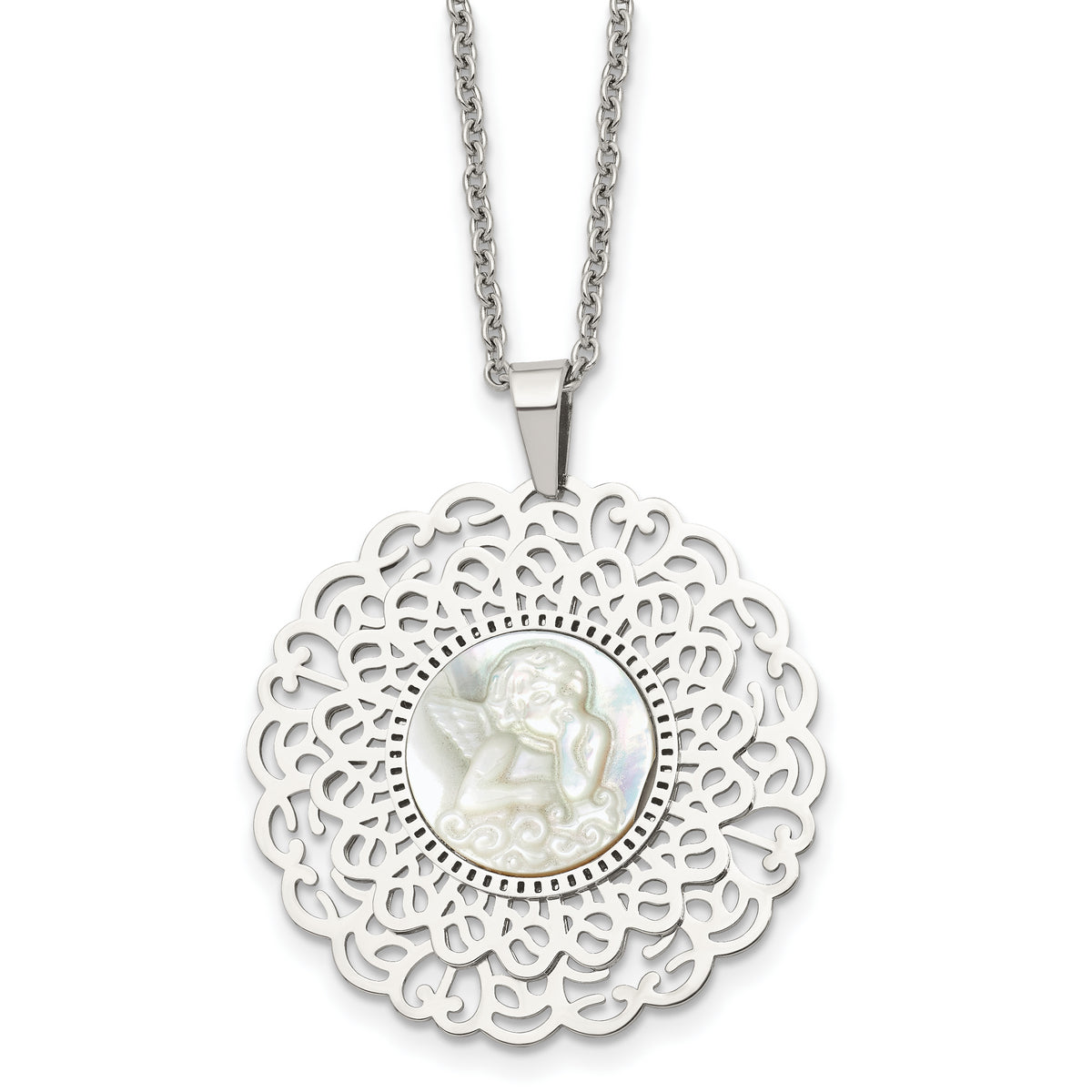 Chisel Stainless Steel Polished Mother of Pearl Angel Pendant on a 22 inch Cable Chain Necklace