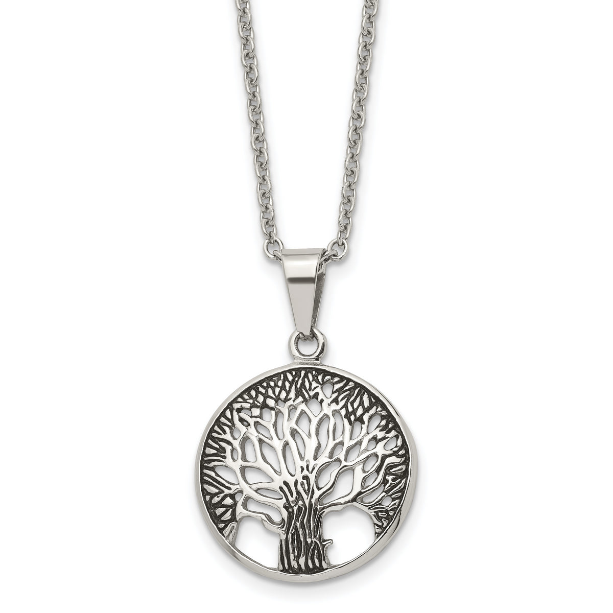 Chisel Stainless Steel Antiqued and Polished Tree of Life Pendant on a 20 inch Cable Chain Necklace