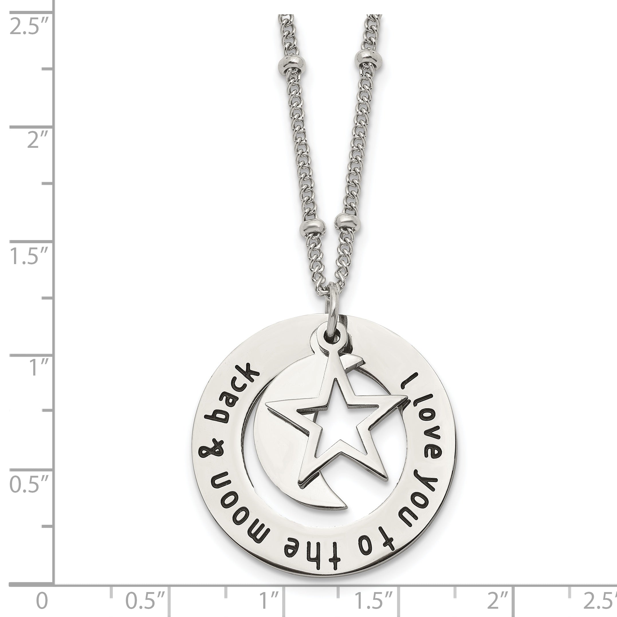 Chisel Stainless Steel Polished Enameled I LOVE YOU TO THE MOON & BACK with Moon and Star Pendant on a 20in Beaded Chain Necklace