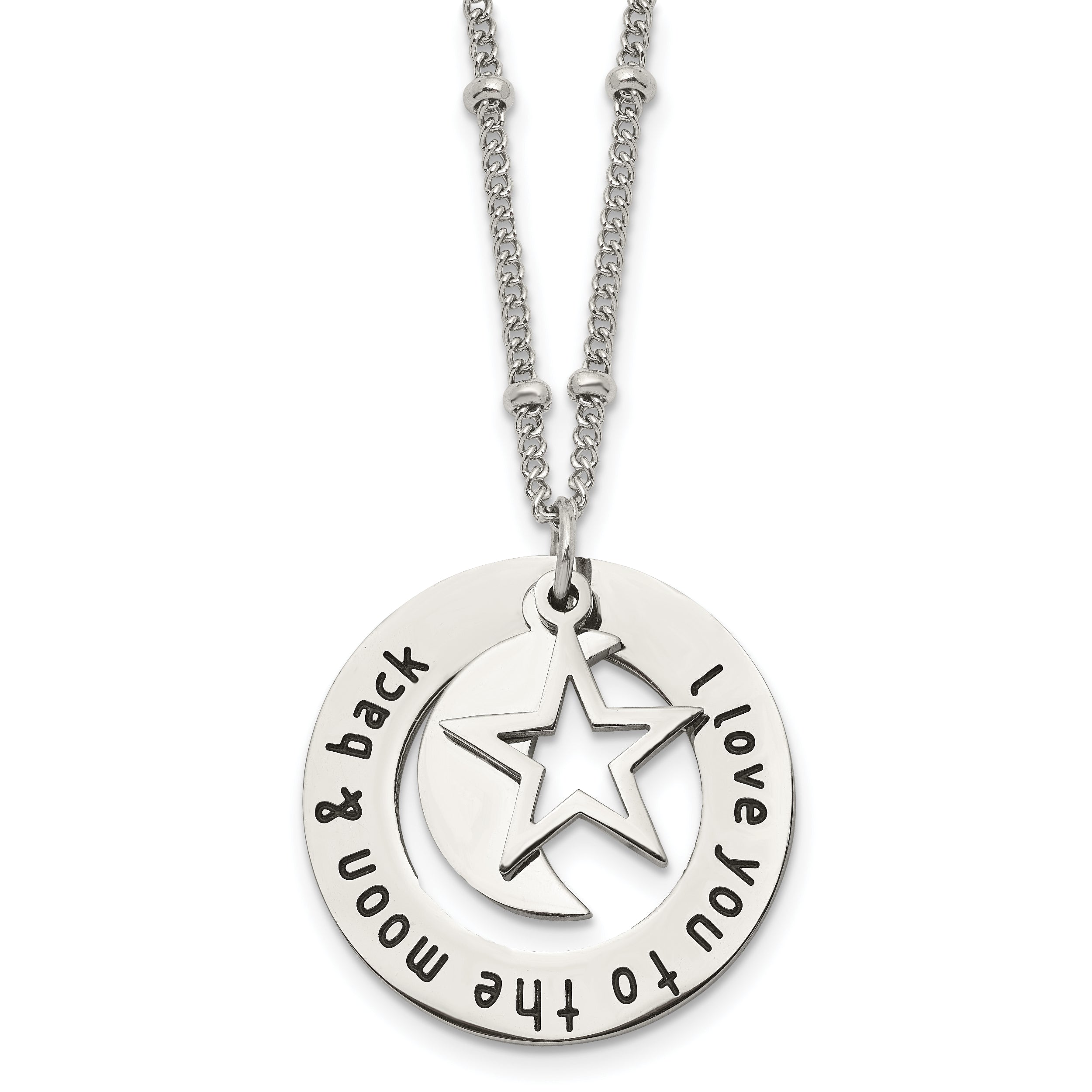 Chisel Stainless Steel Polished Enameled I LOVE YOU TO THE MOON & BACK with Moon and Star Pendant on a 20in Beaded Chain Necklace