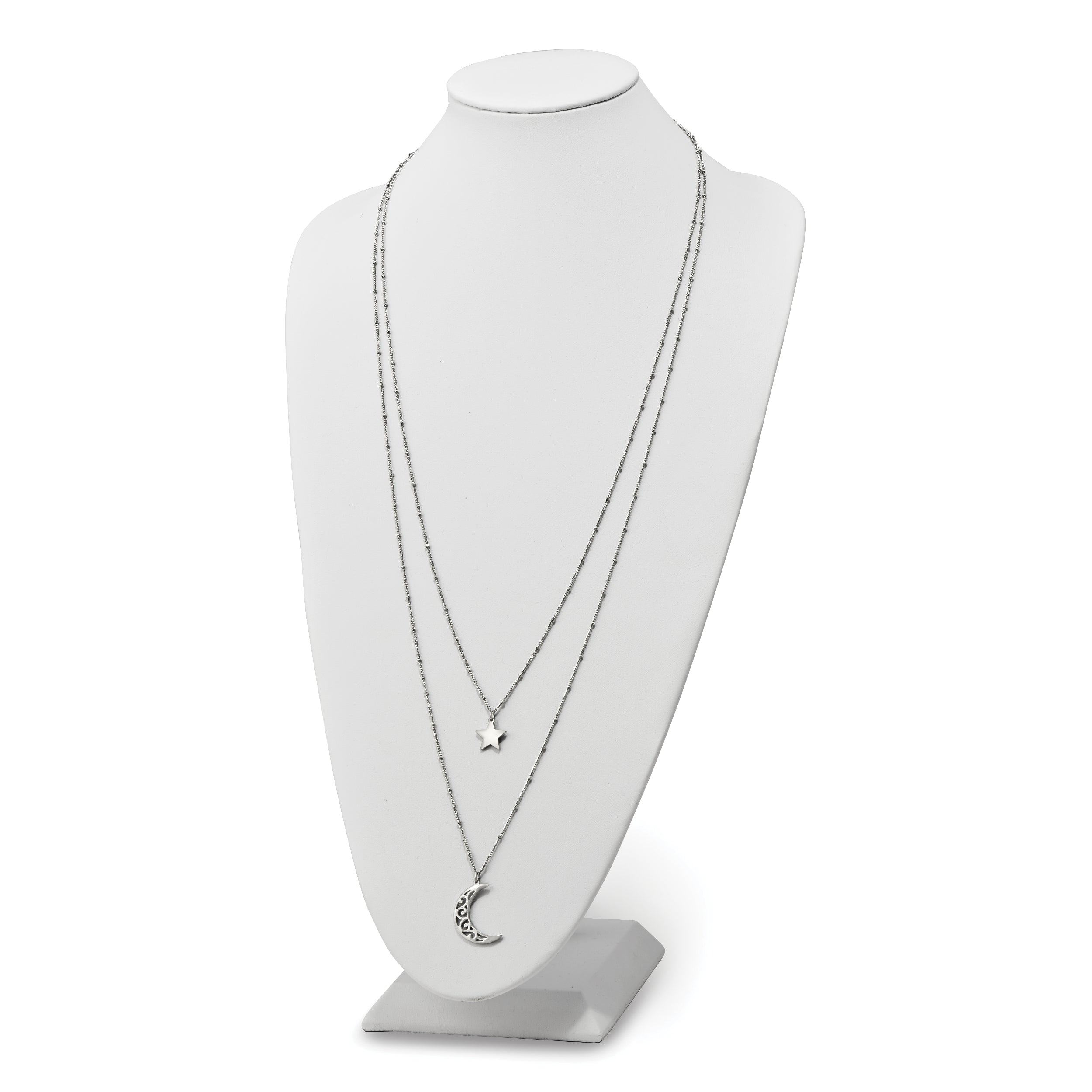 Chisel Stainless Steel Polished Beaded Star and Moon 2 Strand 30 inch Curb Chain Necklace