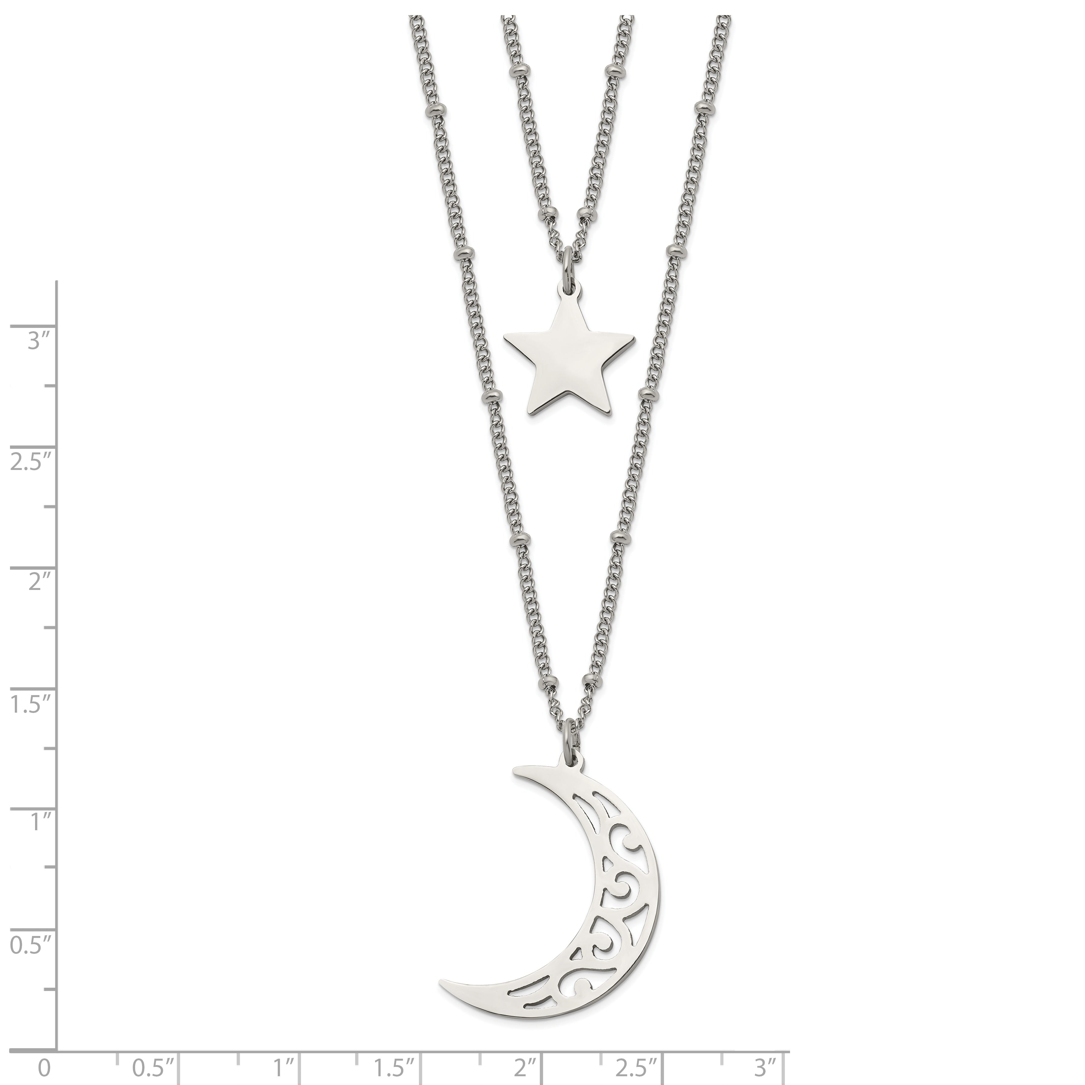 Chisel Stainless Steel Polished Beaded Star and Moon 2 Strand 30 inch Curb Chain Necklace