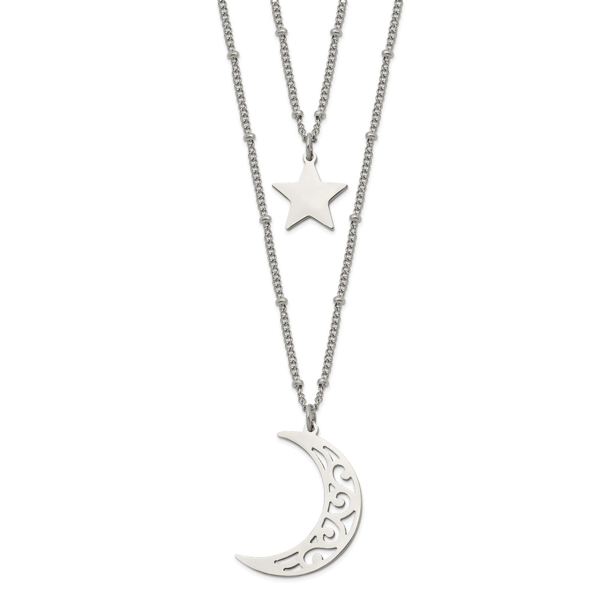 Chisel Stainless Steel Polished Beaded Star and Moon 2 Strand 30 inch Curb Chain Necklace