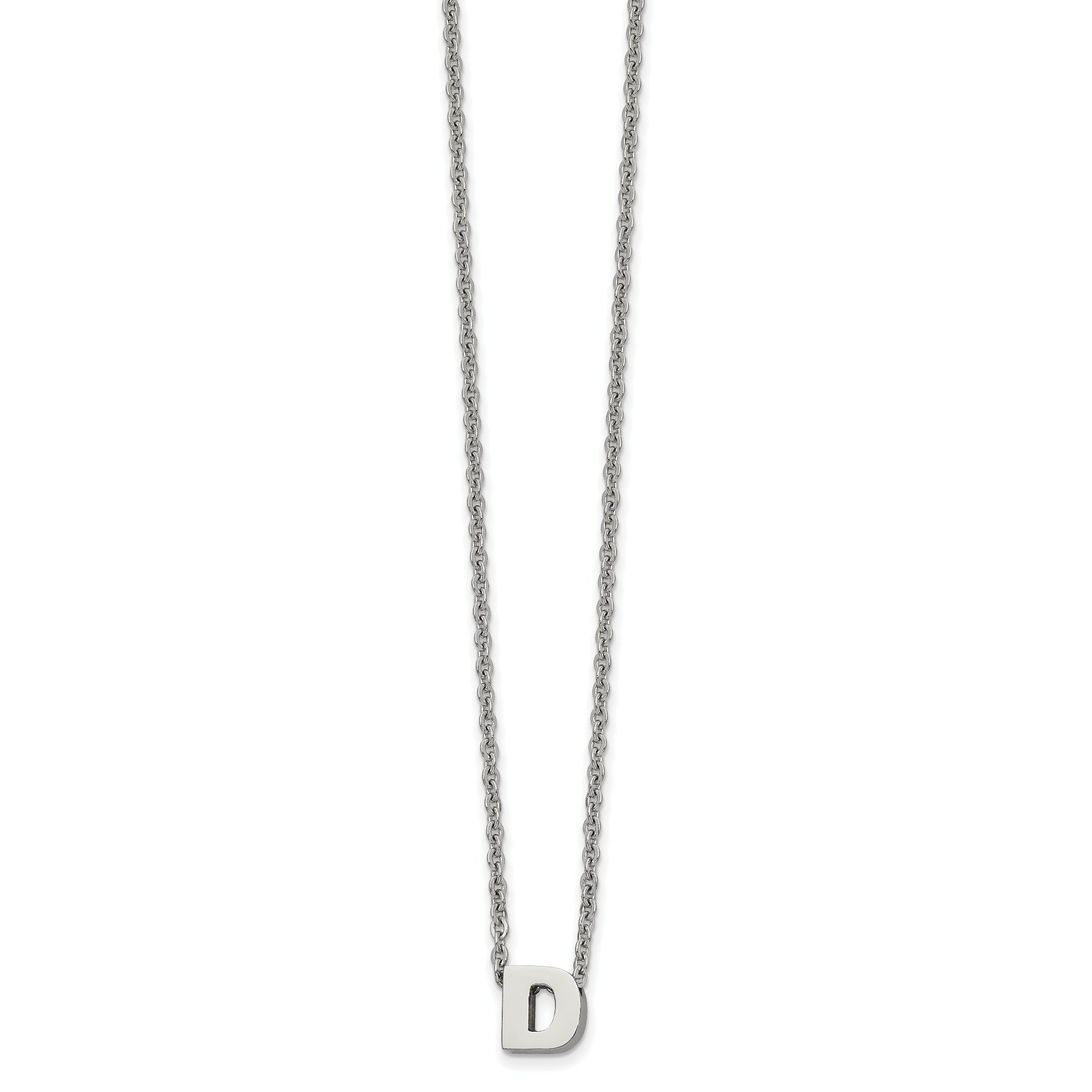 Stainless Steel Polished Letter D 18in w/2in ext Necklace