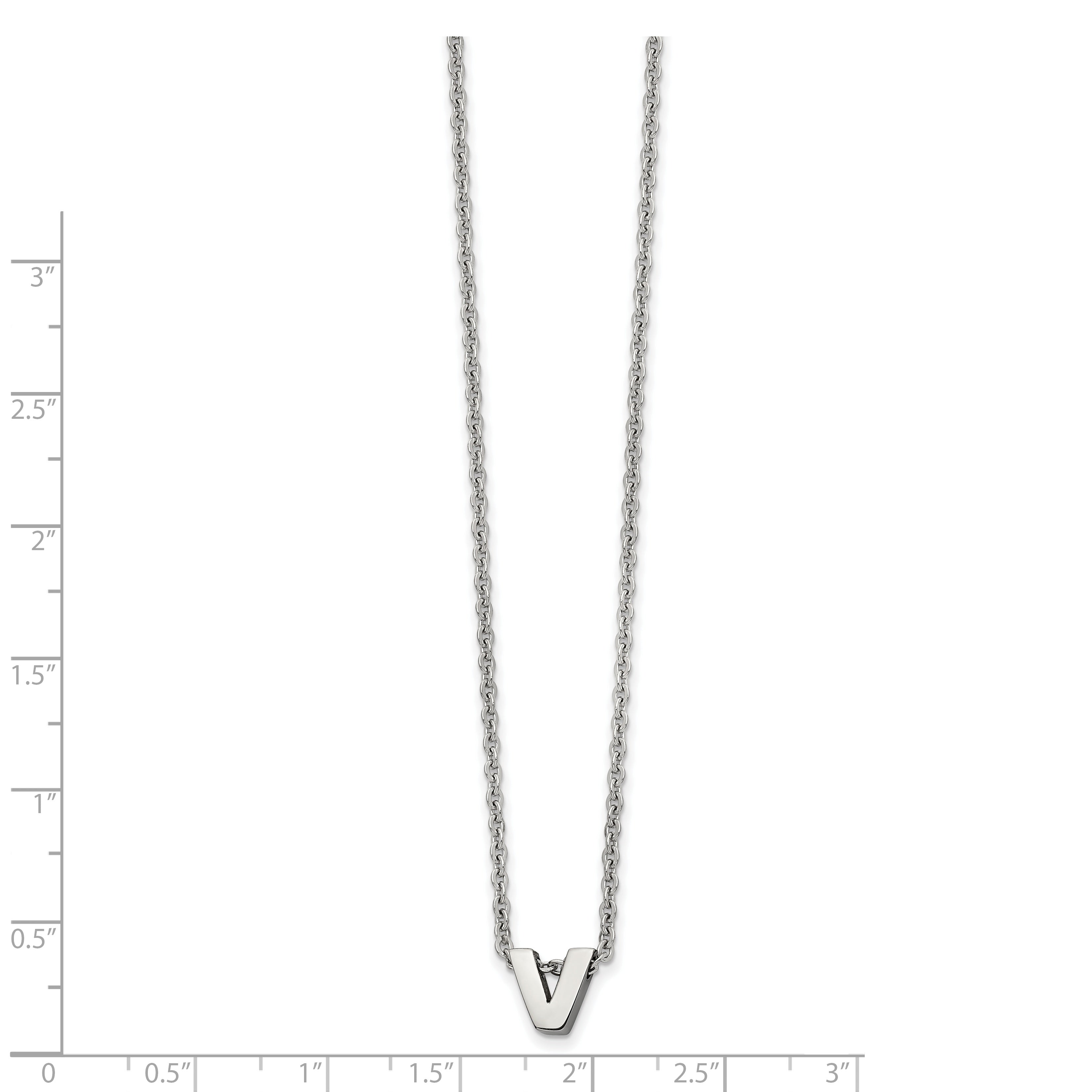 Stainless Steel Polished Letter V 18in w/2in ext Necklace