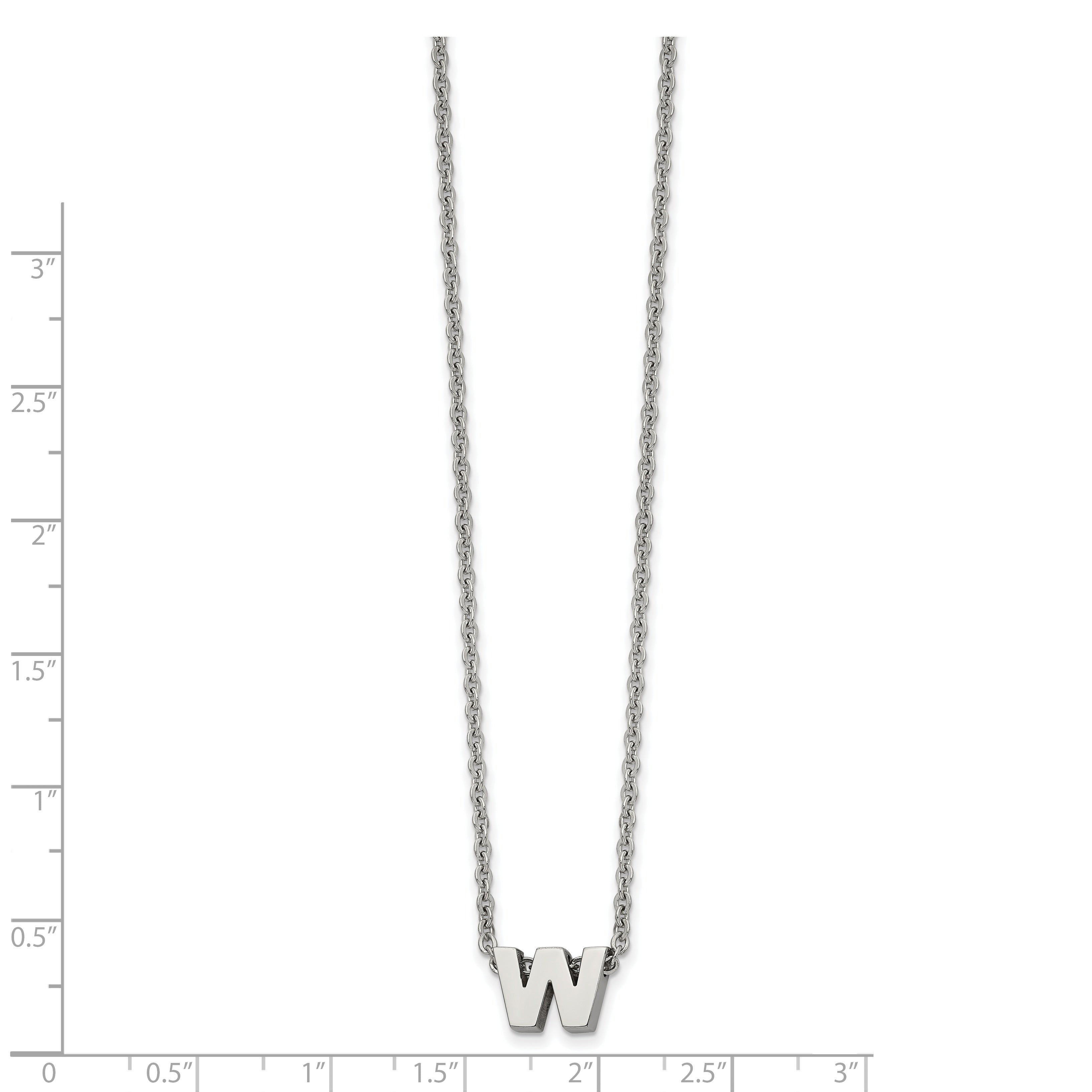 Stainless Steel Polished Letter W 18in w/2in ext Necklace