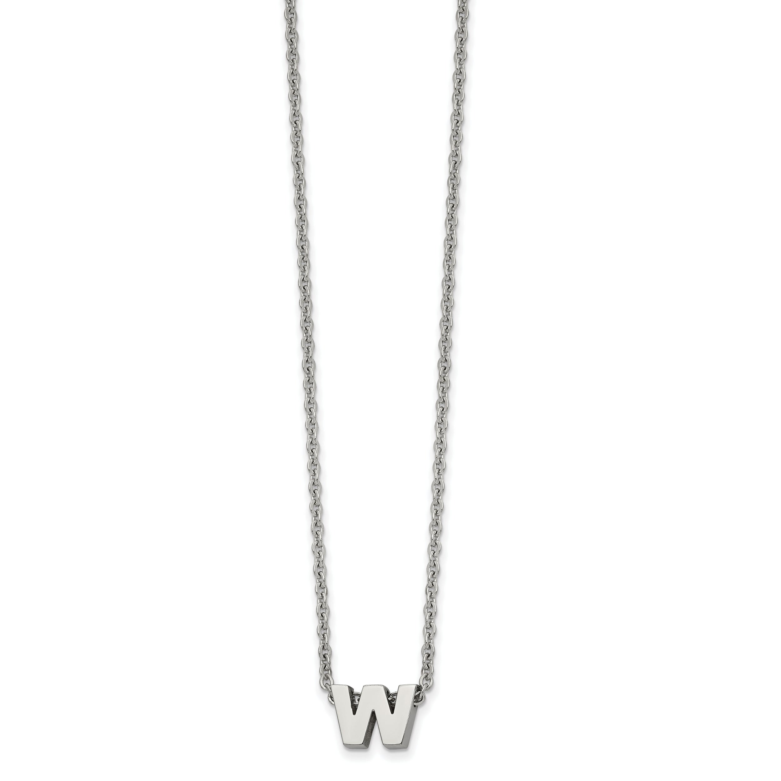 Stainless Steel Polished Letter W 18in w/2in ext Necklace