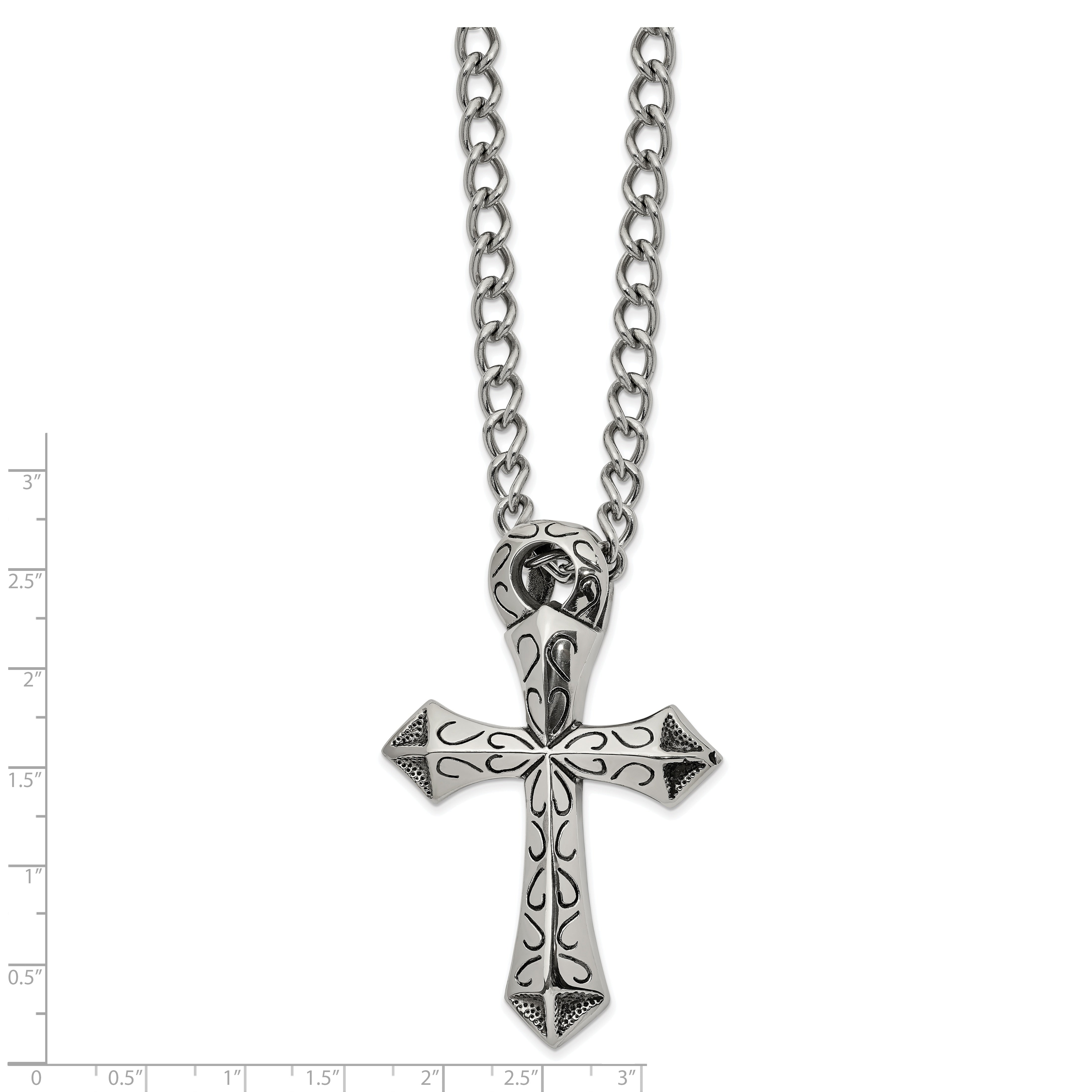 Chisel Stainless Steel Antiqued and Polished Cross Slide on a 24 inch Curb Chain Necklace