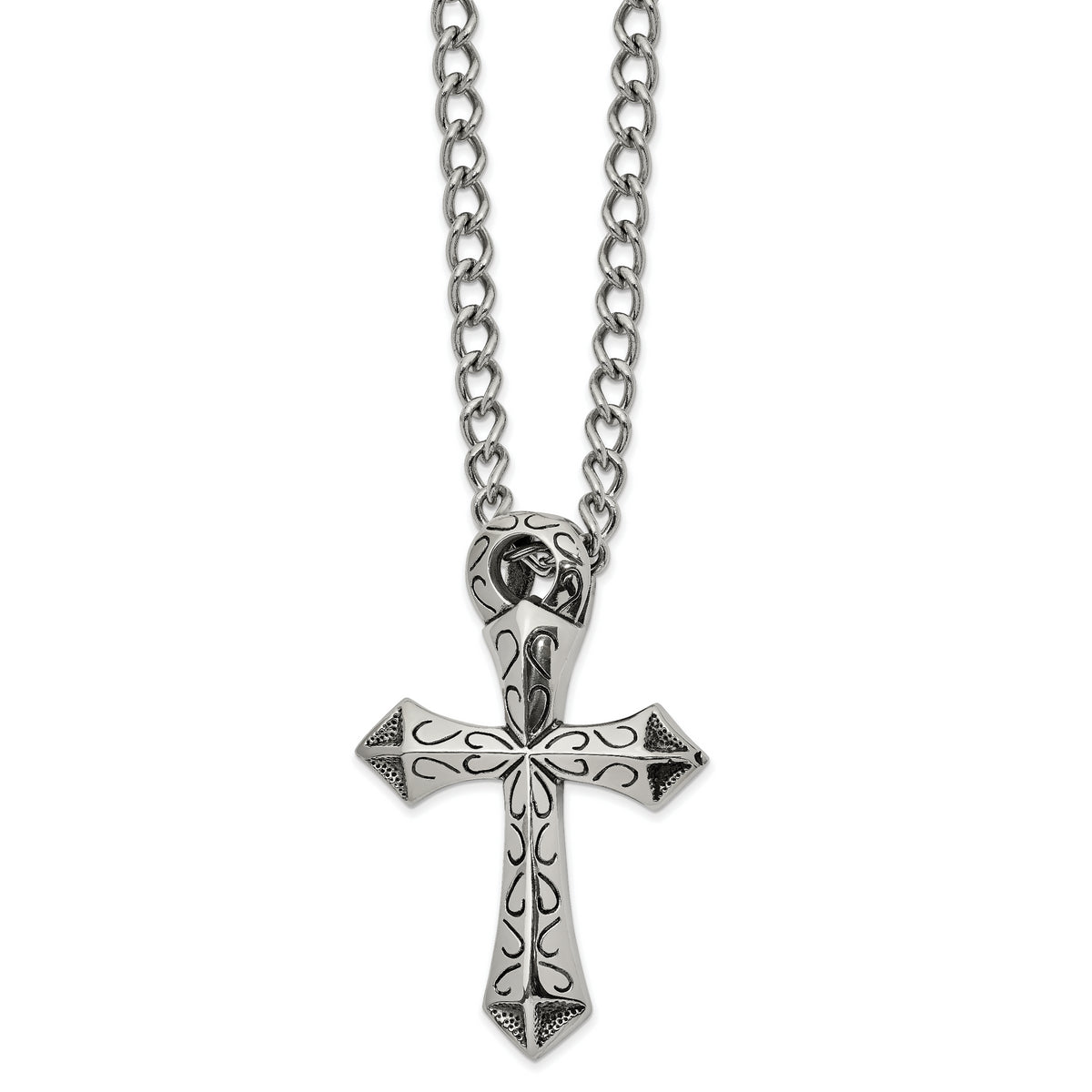 Chisel Stainless Steel Antiqued and Polished Cross Slide on a 24 inch Curb Chain Necklace