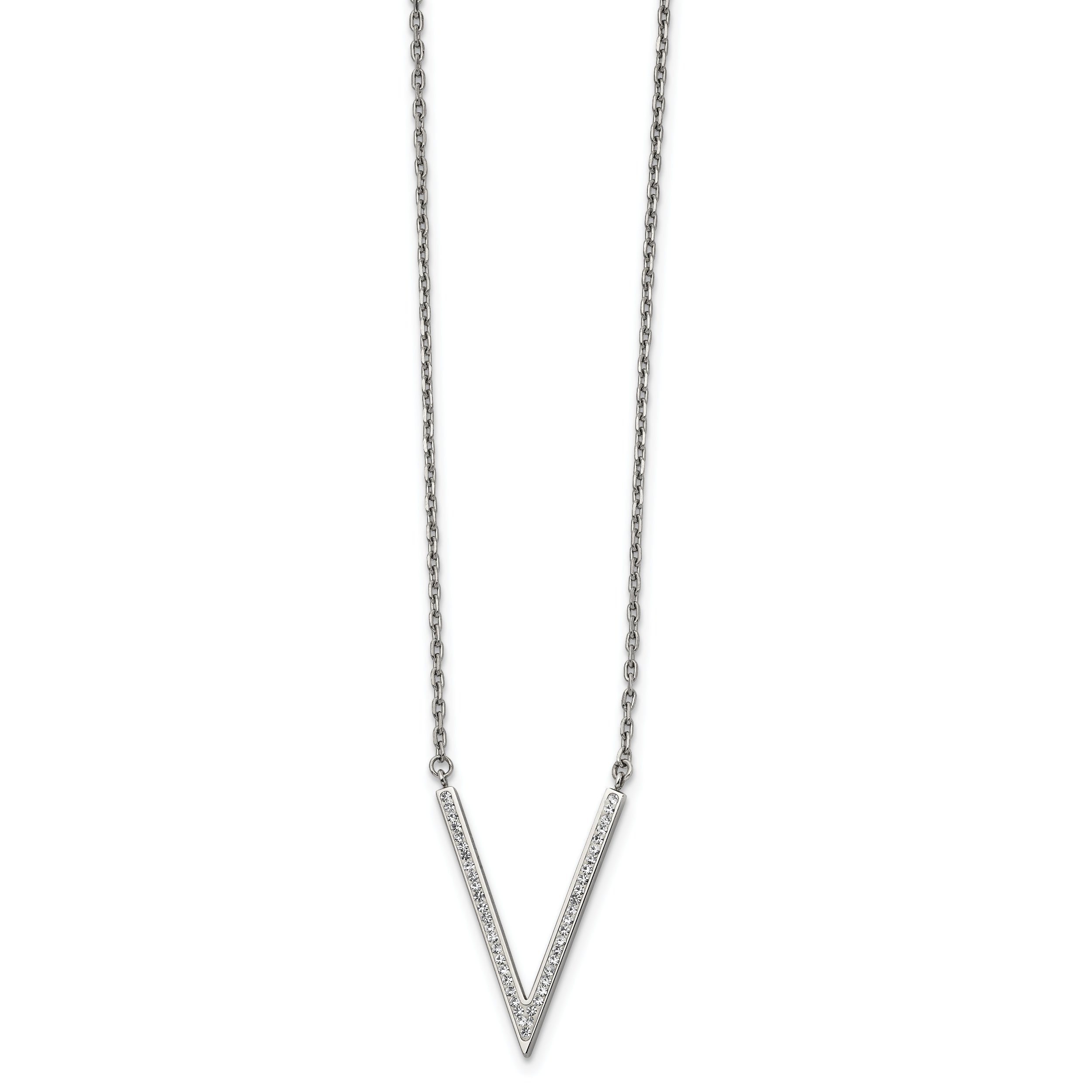 Chisel Stainless Steel Polished with Preciosa Crystal V Pendant on a 16.5 inch Cable Chain with a 1.25 inch Extension Necklace