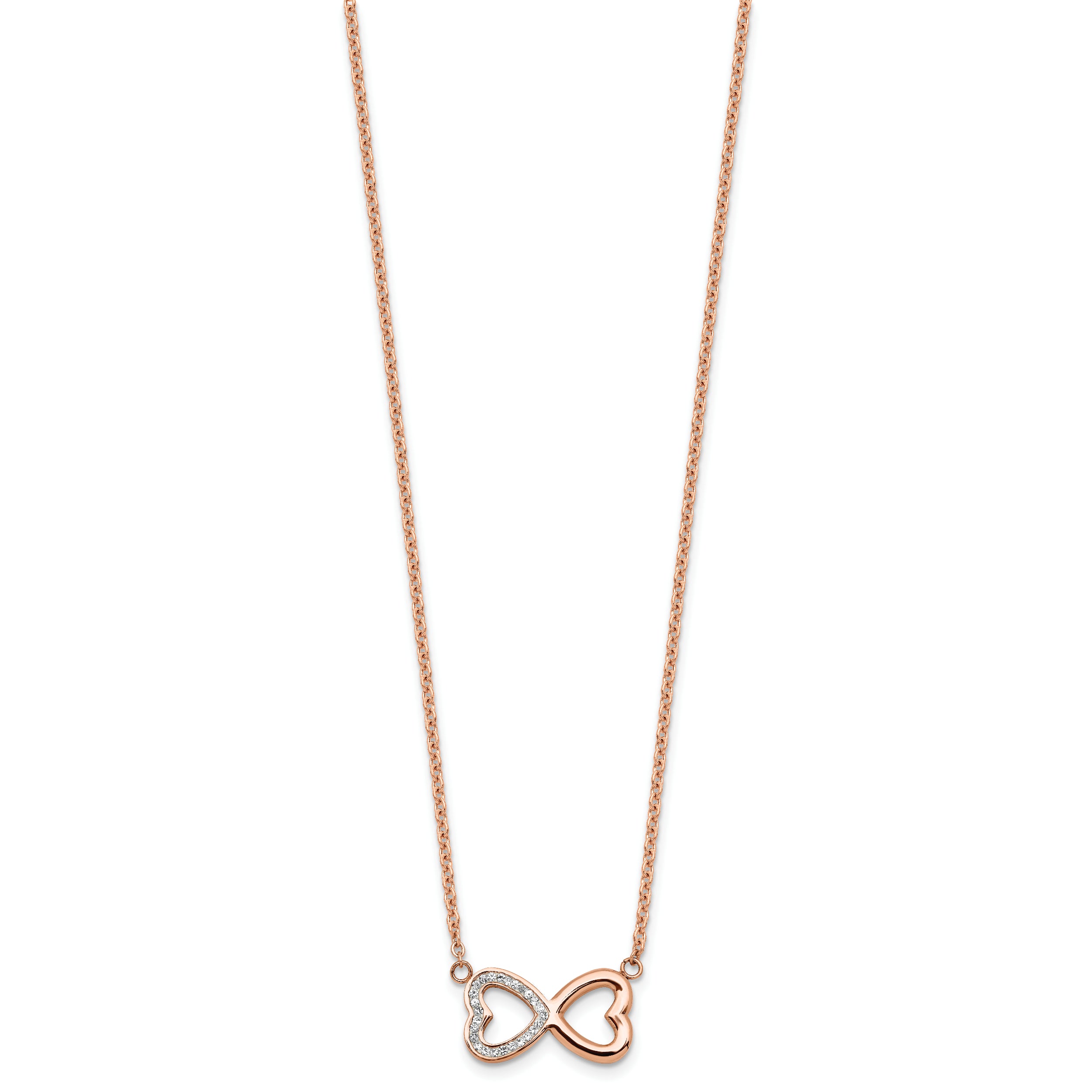 Chisel Stainless Steel Polished Rose IP-plated with Preciosa Crystal Infinity Hearts on a 16.5 inch Cable chain with a 1 inch Extension Necklace