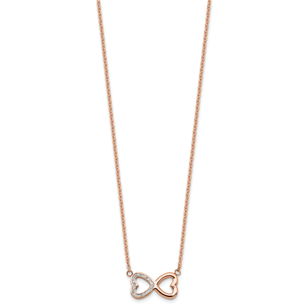 Chisel Stainless Steel Polished Rose IP-plated with Preciosa Crystal Infinity Hearts on a 16.5 inch Cable chain with a 1 inch Extension Necklace