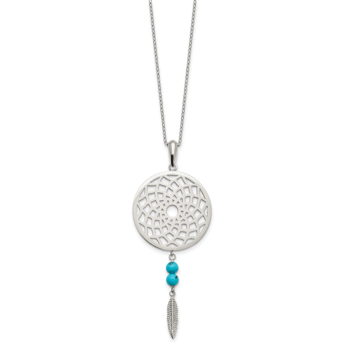 Stainless Steel Polished Imit.Turquoise Dreamcatcher w/2in ext Necklace