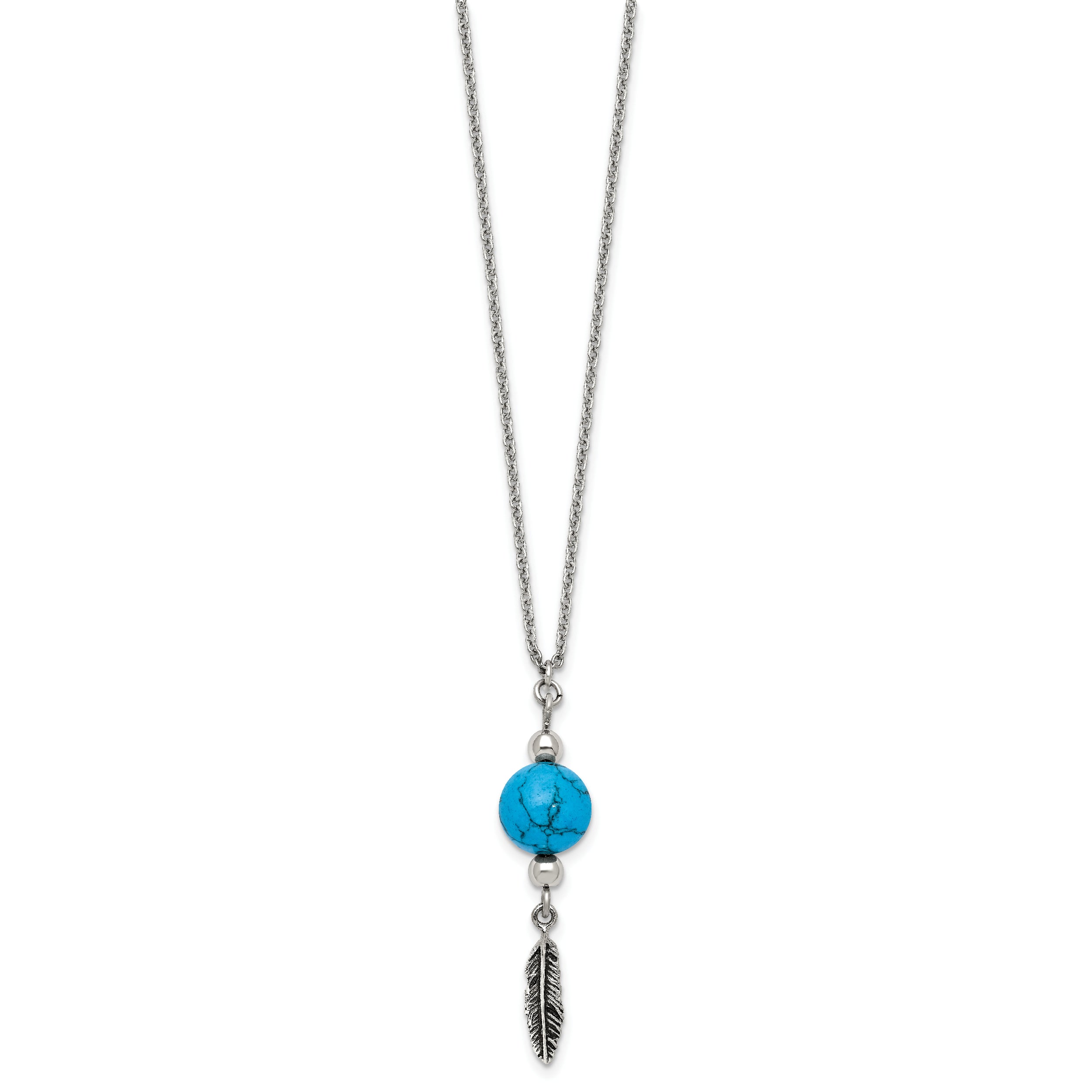 Stainless Steel Antiqued/Polished Imit.Turquoise Feather w/2in ext Necklace