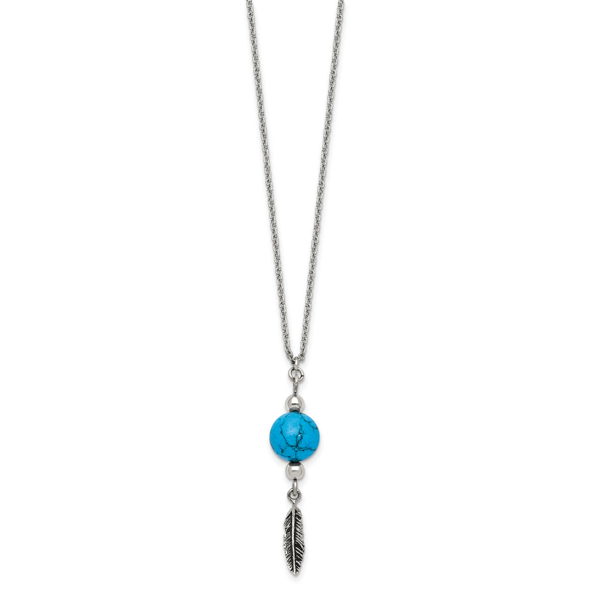 Stainless Steel Antiqued/Polished Imit.Turquoise Feather w/2in ext Necklace