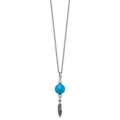 Stainless Steel Antiqued/Polished Imit.Turquoise Feather w/2in ext Necklace